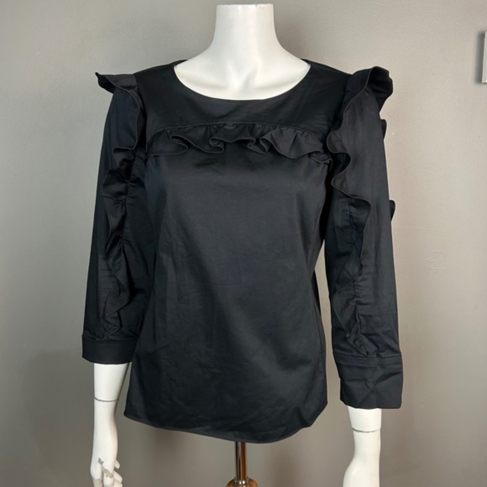 Rebecca Taylor Top Blouse Size 10 Black Ruffle Long Sleeve‎ Minimalist Cotton